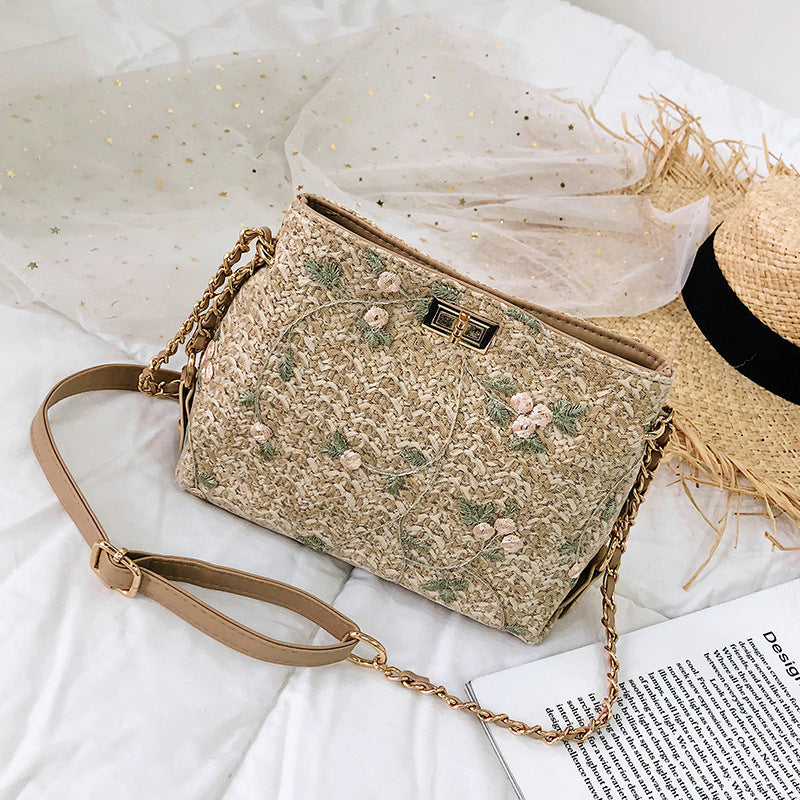 Lace embroidery straw woven square bag