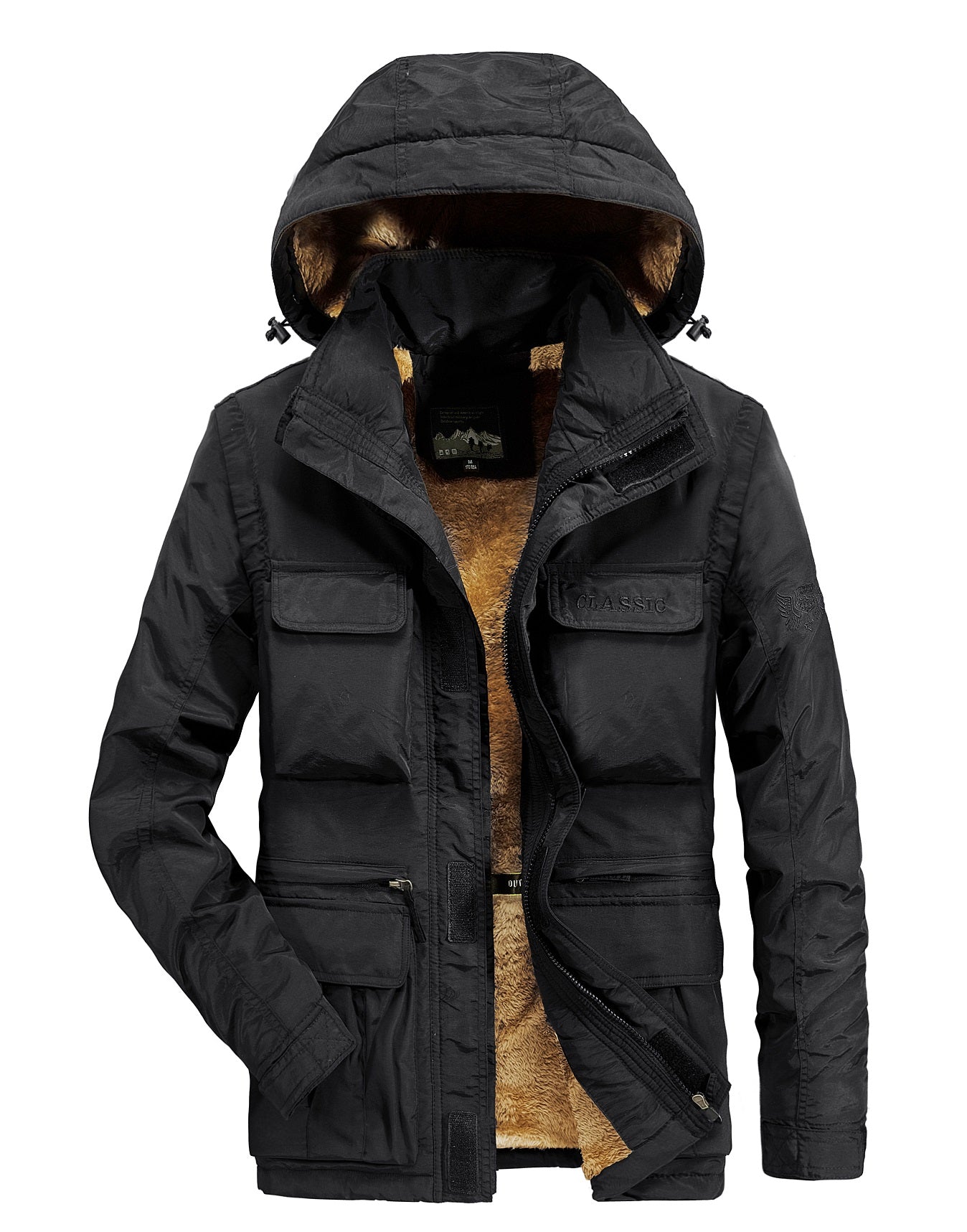 WarmthMax Cargo Jacket for Men - Fleece Lined, Removable Hood, Military Style, Water Resistant, Breathable, and Adjustable Fit for Outdoor Activities