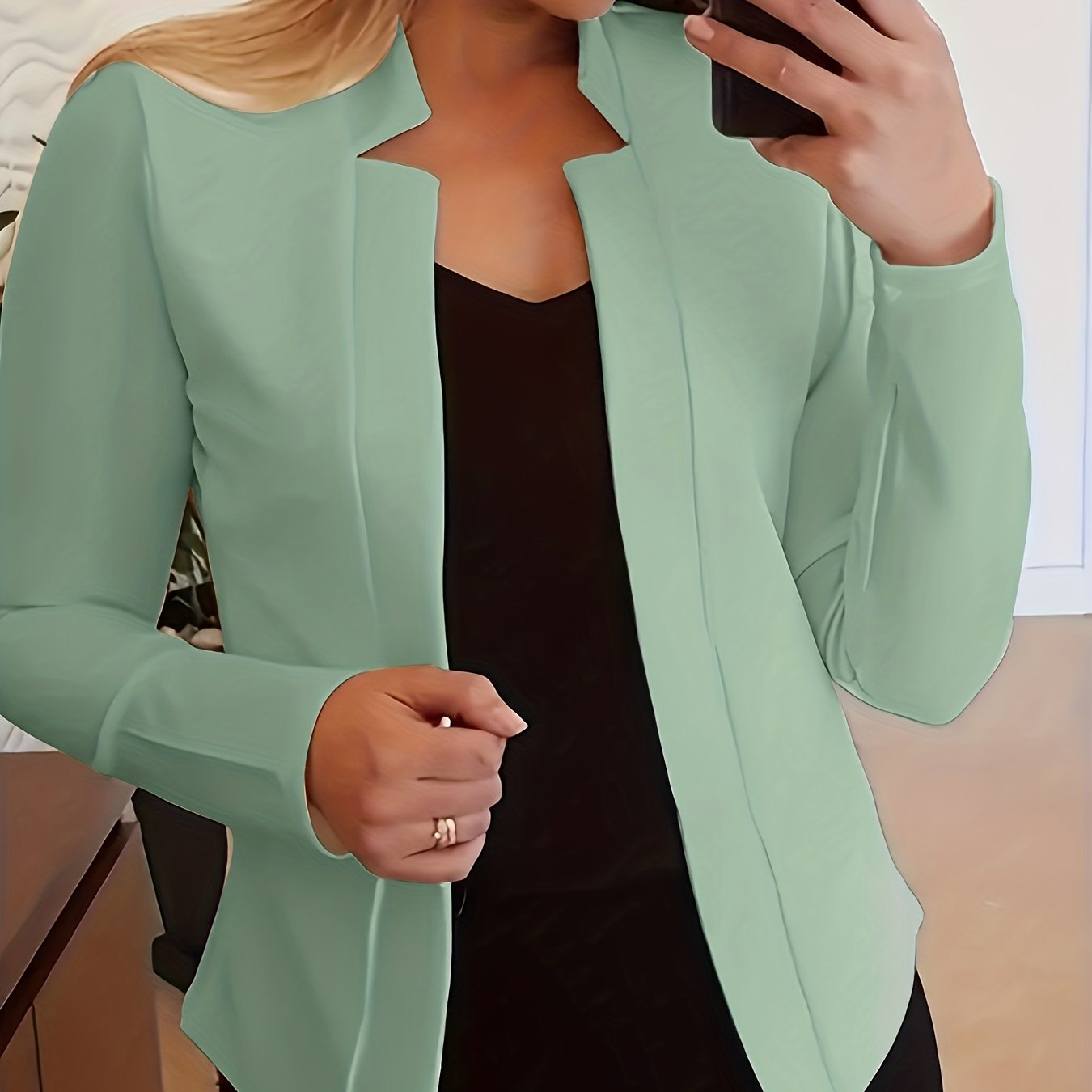 [Everyday Comfort] Women's Elegant Solid Color Polyester Blazer - 95% Polyester, 5% Spandex Knit Fabric, All-Season Stand Collar Jacket for Adults