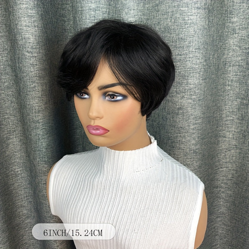 Elegant Natural Black Straight Bob Wig with Side Bangs for Women - 150% Density, Glueless Human Hair, Machine Made, Brazilian Virgin Hair