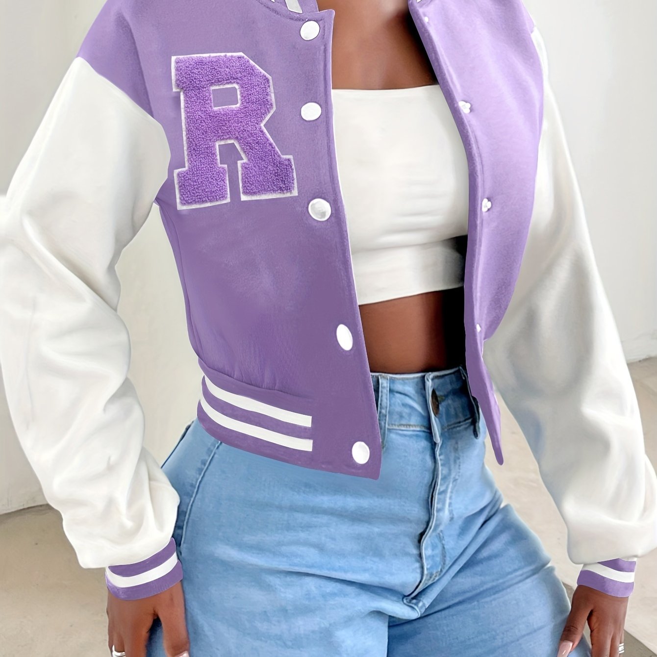 R Pattern Button Up Crop Bomber Jacket, Preppy Long Sleeve Jacket For Fall & Winter, Women's Clothing