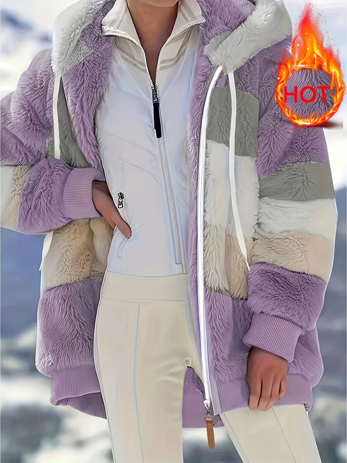 Women's Cozy Fur-Trimmed Hooded Jacket - Multicolor Striped, Loose Fit, Long Sleeve, Fall/Winter Fashion Outerwear with Pockets, Cozy Travel Jacket | Vacation Style Jacket | Plush Polyester