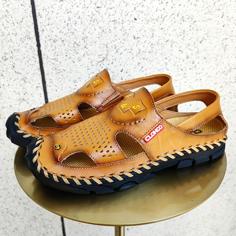 CLOHOO Mens Round Toe Sandals - Durable Handmade Stitching, Non-Slip Rubber Sole, Comfortable PU Insole, Breathable Fabric Lining, Second Layer Cowhide Upper, Slip-On Closure, Perfect for Indoor, Outdoor, Beach, Vacation, Spr