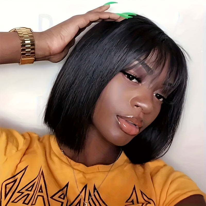 Women's Glueless Bob Wig with Bangs - Natural Black Human Hair, 150% Density (2x1 Ratio), Brazilian Hair, No Glue Needed, Adjustable Bangs & Pre-Plucked Front with Baby Hair, Everyday & Special Occasion Hairstyle - Suitable f