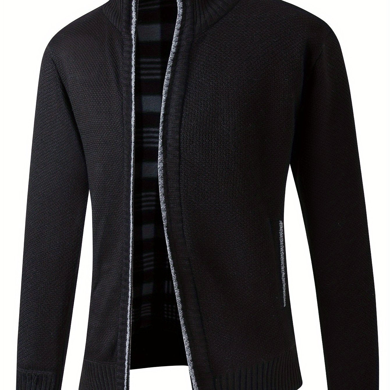 Warm Stand Collar Fleece Jacket, Men's Semi-formal Comfortable Solid Color Zip Up Knitted Cardigan For Spring Fall