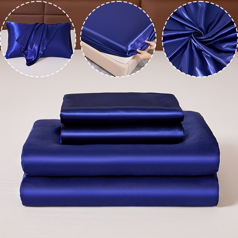 3pcs 100% Polyester Satin Bed Sheet Three-Piece Set [1 Sheet 2 Pillowcase (Coreless)] Skin-friendly Soft And Silky Fabric Student Dormitory Daily Home Bedding Mattress Protector All Year Round Machine Washable No Shrinkage No
