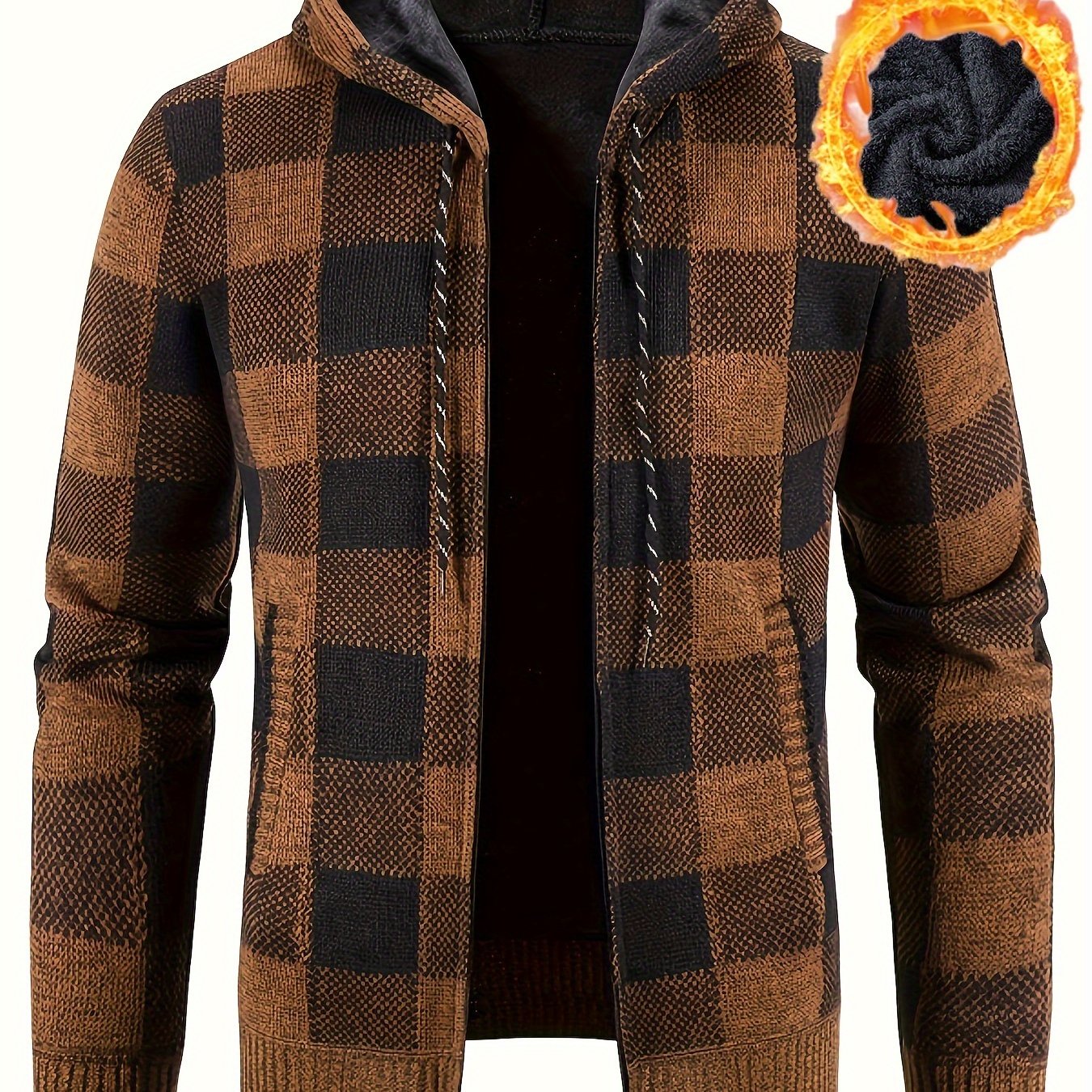 All Match Knitted Plaid Hooded Cardigan Jacket, Men's Casual Warm Slightly Stretch Zip Up Jacket Coat For Fall Winter