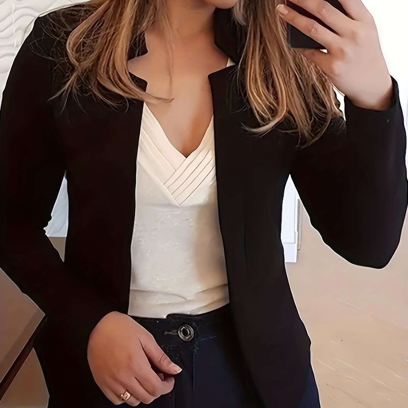 [Everyday Comfort] Women's Elegant Solid Color Polyester Blazer - 95% Polyester, 5% Spandex Knit Fabric, All-Season Stand Collar Jacket for Adults