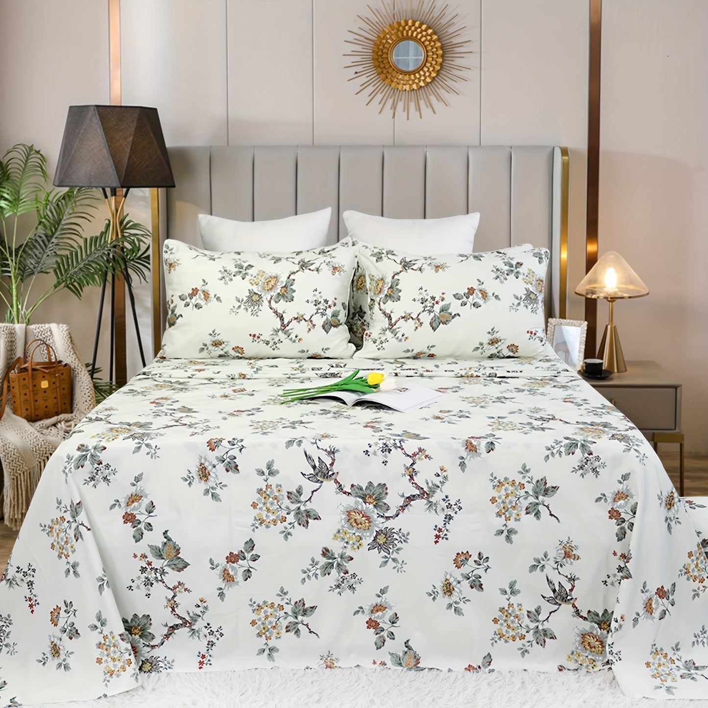4Pcs Sheets Set Elegant Floral Bedding Shabby Beige Bird Print Flower Bed Sheet Set Vintage Farmhouse Bedding 100% Cotton Ultra Soft Girls Bedding with Deep Pocket Fitted Sheet