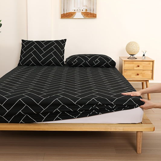 Harrods Experience Luxurious Woven Polyester Bed Sheet Set with Two Pillowcases, Machine Washable, All-Season Durable & Tear-Resistant Flat Net Printed Design - Fitted Sheet with Elastic Corners 11.81-13.39inch Deep