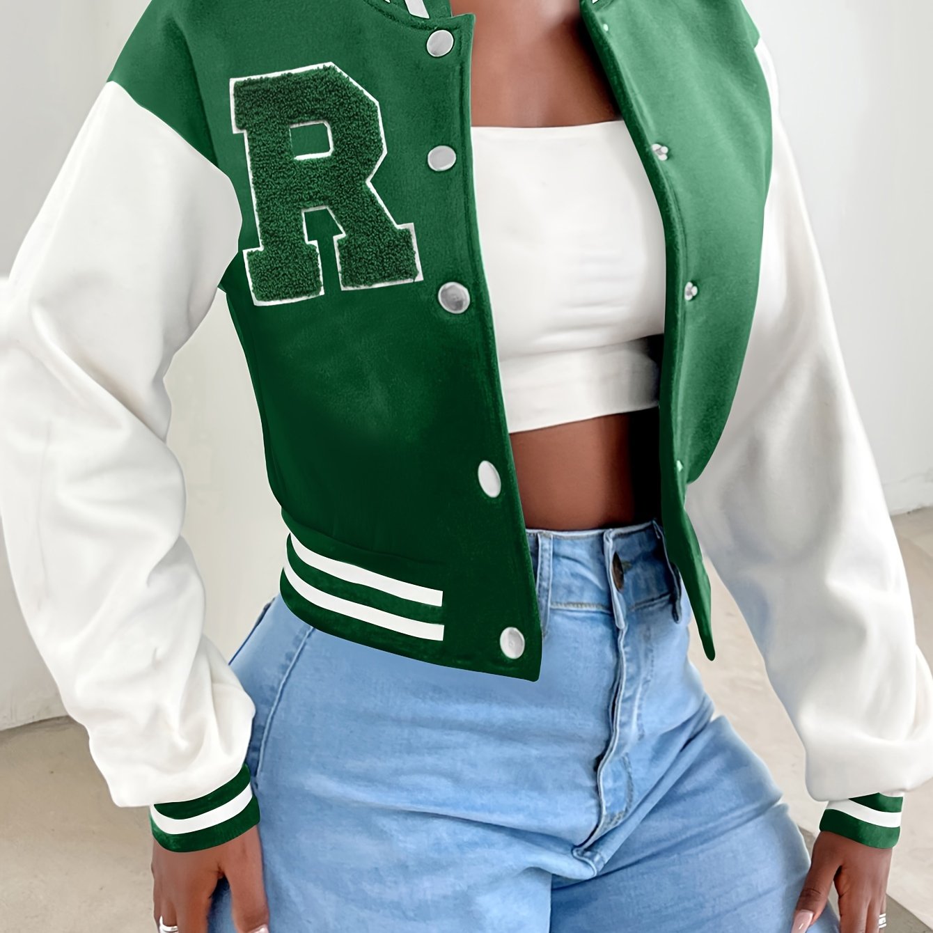 R Pattern Button Up Crop Bomber Jacket, Preppy Long Sleeve Jacket For Fall & Winter, Women's Clothing