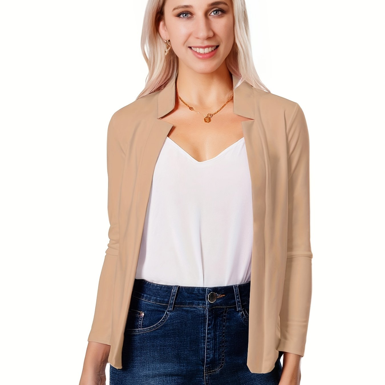 [Everyday Comfort] Women's Elegant Solid Color Polyester Blazer - 95% Polyester, 5% Spandex Knit Fabric, All-Season Stand Collar Jacket for Adults