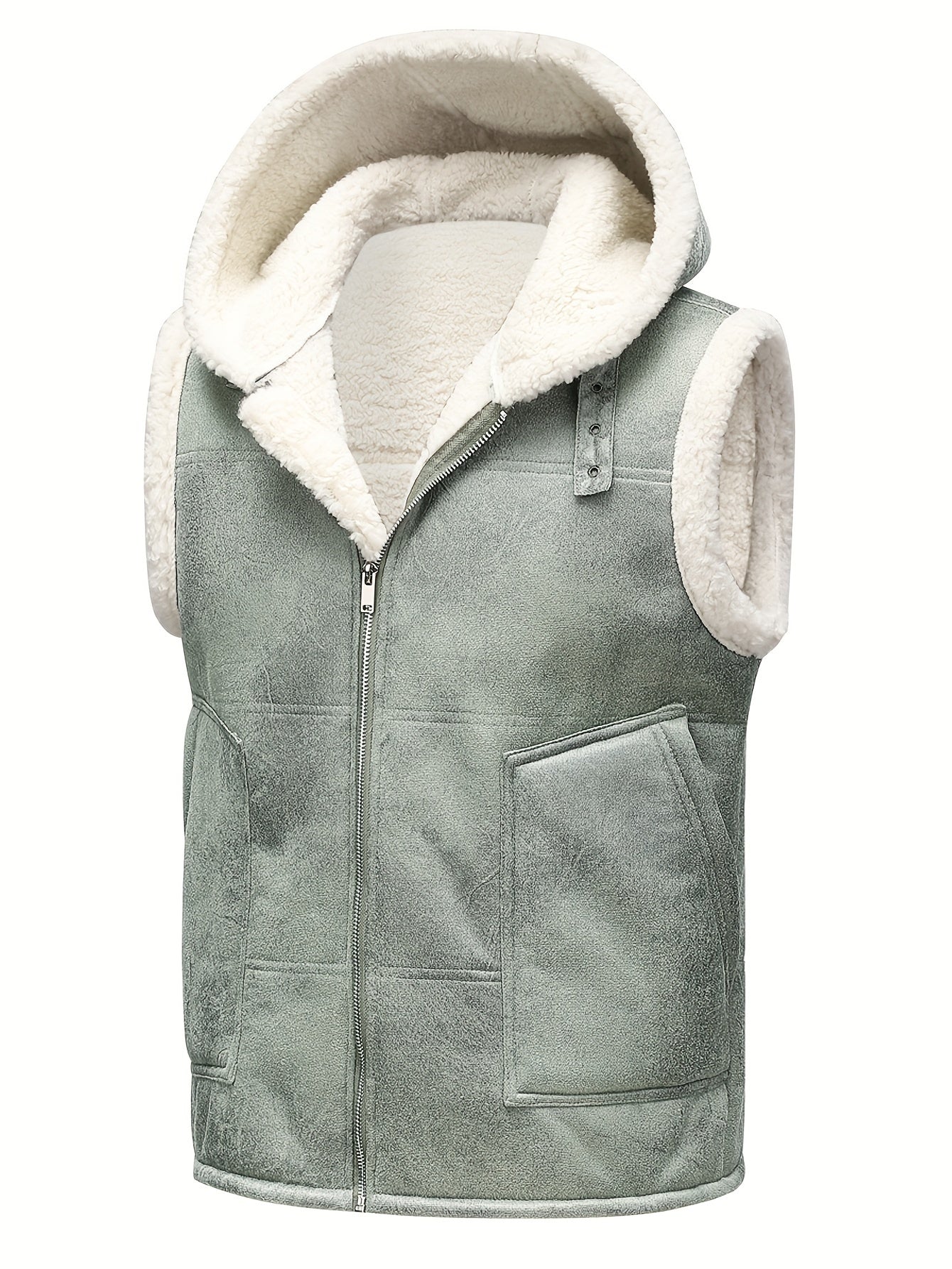 [Warm Hooded Vest] Warm & Windproof Men's Fleece-Lined Hooded Vest - Stylish Sleeveless Jacket with Zipper Pockets, Olive Green, Daily Comfort Vest | Hooded Jacket | Functional Pockets