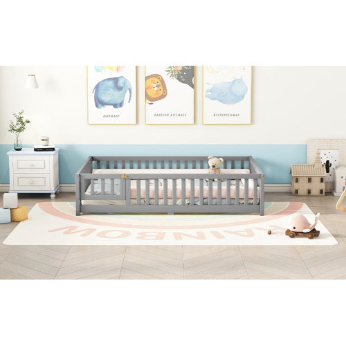 Full Size Bed Floor Bed With Safety Guardrails And Door For Kids, Gray