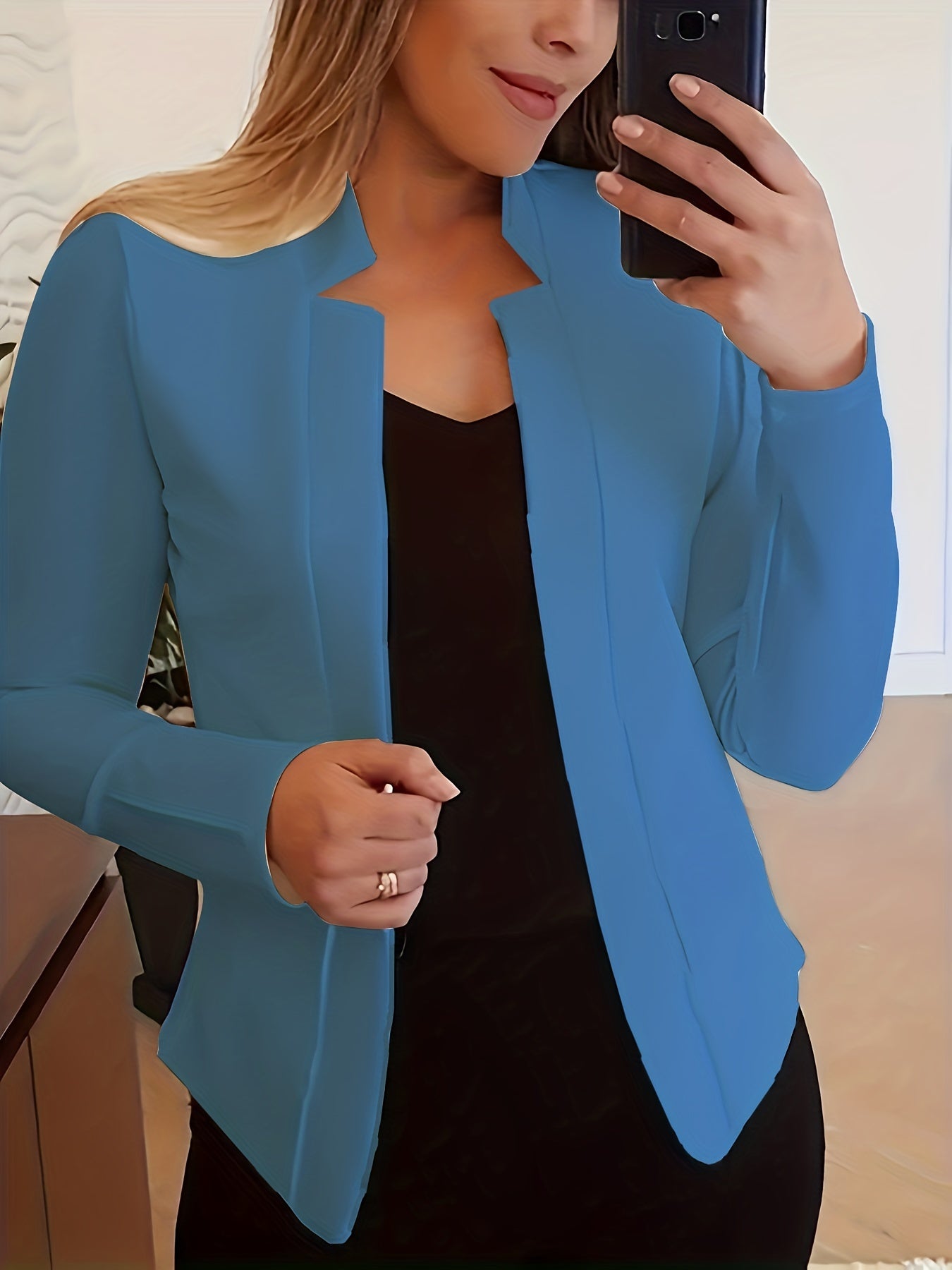 [Everyday Comfort] Women's Elegant Solid Color Polyester Blazer - 95% Polyester, 5% Spandex Knit Fabric, All-Season Stand Collar Jacket for Adults