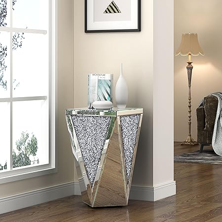 Mirrored End Table Crystal Diamond Setting Coffee Table Silver Glass Side Table Pedestal Stand For Hallway, Living Room,