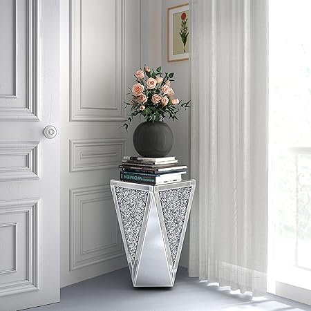 Mirrored End Table Crystal Diamond Setting Coffee Table Silver Glass Side Table Pedestal Stand For Hallway, Living Room,