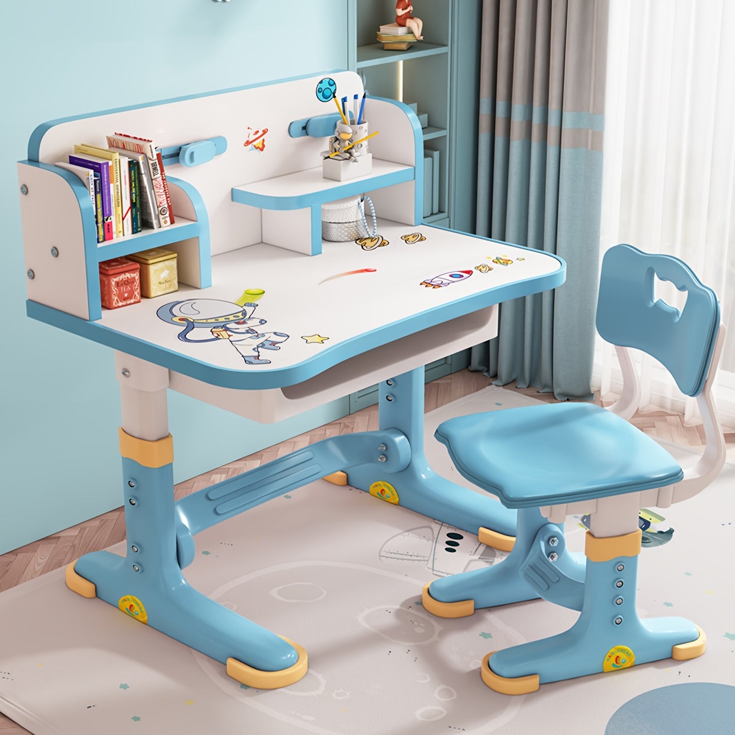 2 Piece Set 41.37*28.57*19.11 inch Multi Bookcase Wider Desktop Table and Chair Set Cartoon Pattern Children Adjustable Height Study Drawer Table with Chair Set