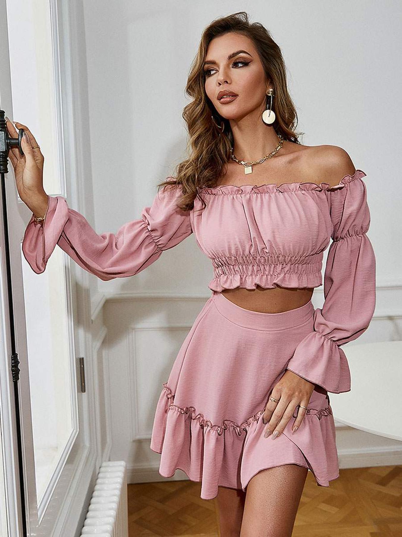 TWO PIECE SETS SALMON POLYESTER CASUAL CLOTHES SUMMER LONG SLEEVES BATEAU NECK BOHEMIAN DRESS WOMEN OUTFIT