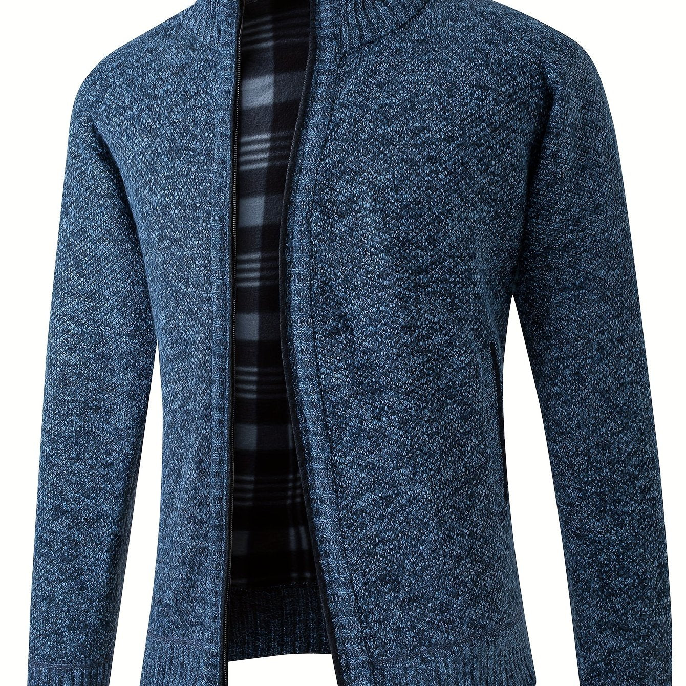 Warm Stand Collar Fleece Jacket, Men's Semi-formal Comfortable Solid Color Zip Up Knitted Cardigan For Spring Fall