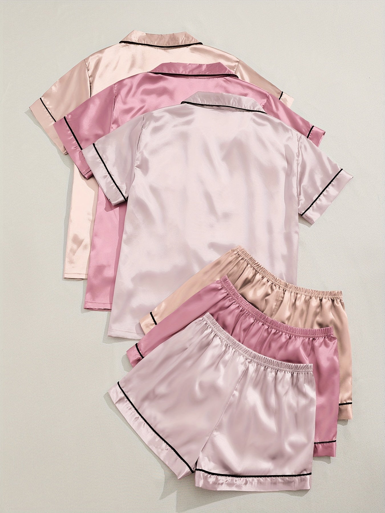 3 Sets of Luxurious Satin Pajama Sets - Soft Short Sleeve Lapel Tops, Elastic Waistband Shorts for Comfortable Women's Sleepwear and Loungewear - Perfect for Relaxation and Leisure Activities