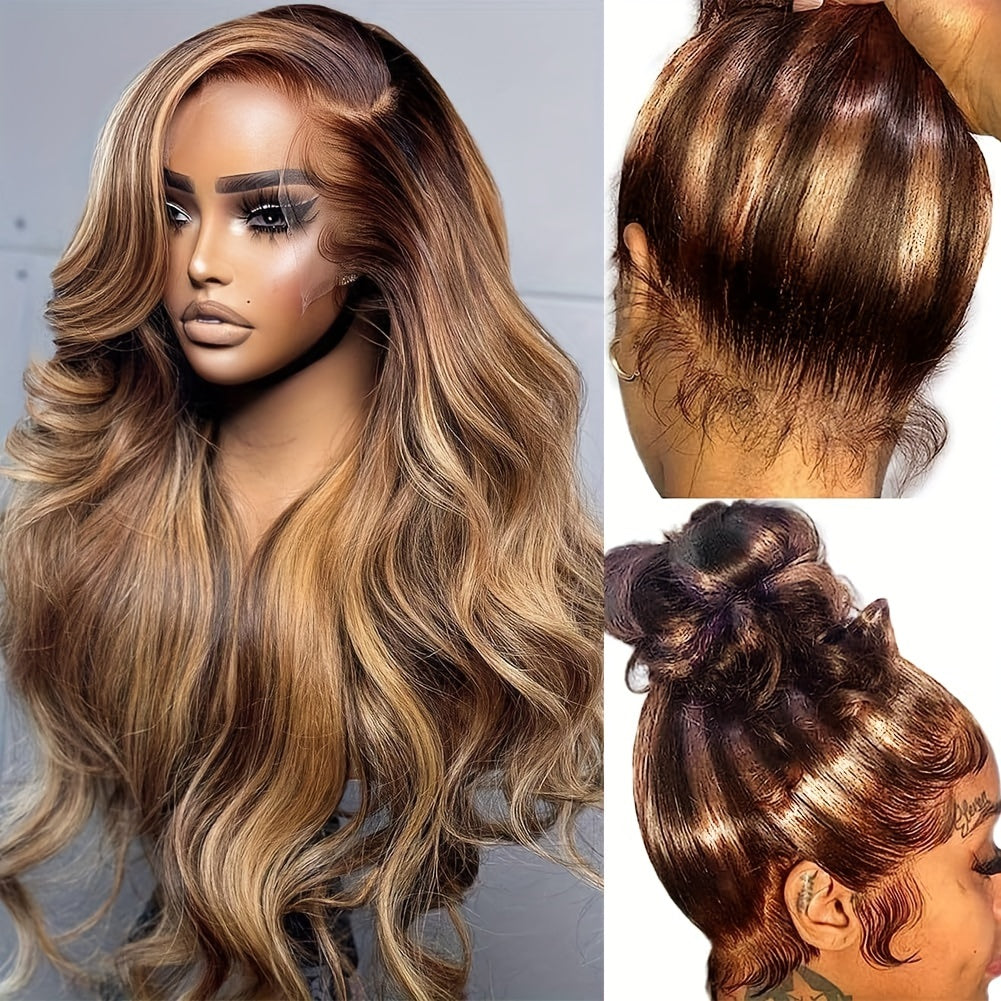 Body Wave Highlight Ombre 360 Lace Front Wig Human Hair 4/27 Pre Plucked With Baby Hair For Women 180% Density