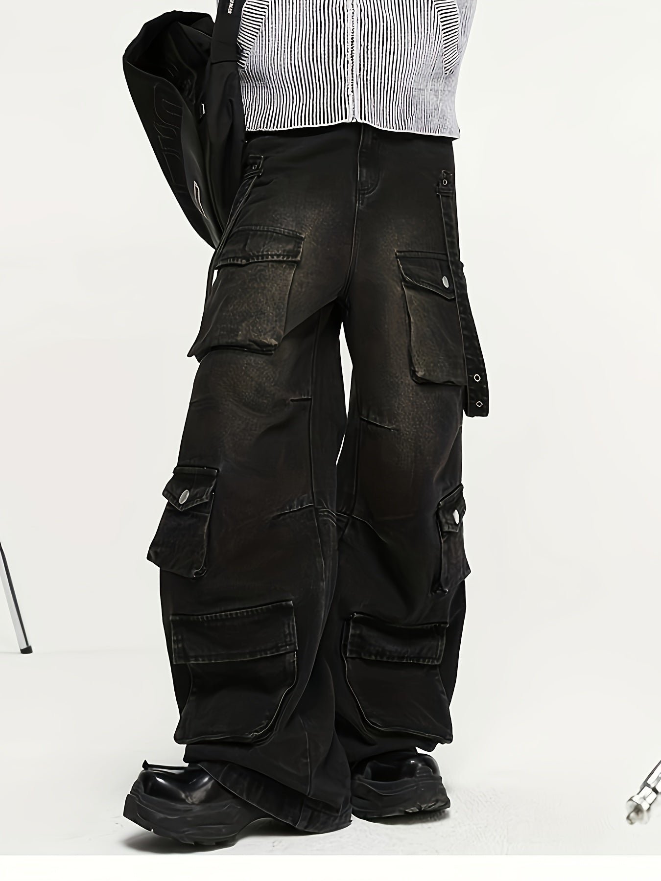 Ins Trendy High Street Retro Vintage Vintage Multi Pocket Workwear Jeans For Men, Heavyweight Washed Spicy Girls, Niche Straight Leg Stacking Pants, Gothic Hip-hop Style Loose And Versatile High Waisted Wide Leg Mop Pants, Wo