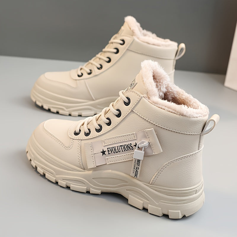 Women'S K2001 High-Top Winter Boots - Stylish White Lace-Up with Faux Fur Lining, Waterproof PVC Sole, Casual All-Season Footwear, Casual Winter Boots|Faux Fur Lined Boots|Laceup Boots