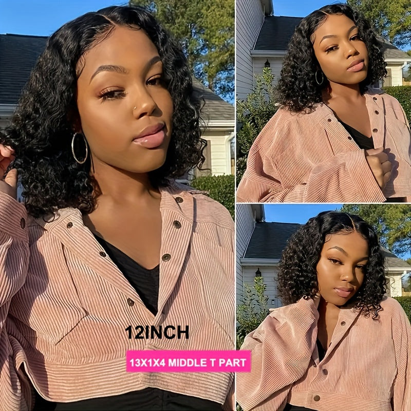 150% Density Water Wave Short Bob Wig 13x4x1 Middle T Part Lace Frontal Wig Pre Plucked Natural Hairline Cranberry Hair Remy Lace Front Human Hair Wigs For Women