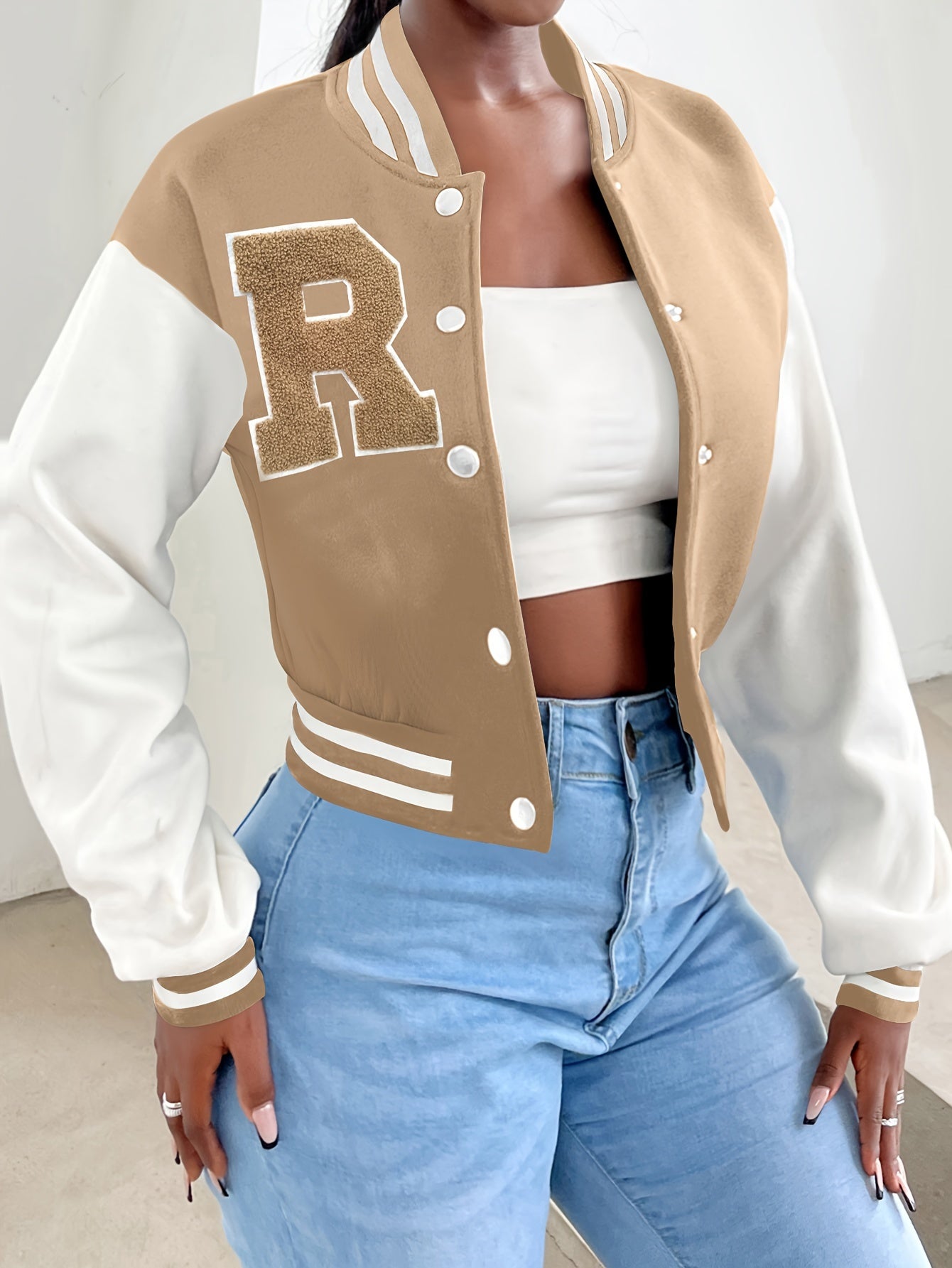 R Pattern Button Up Crop Bomber Jacket, Preppy Long Sleeve Jacket For Fall & Winter, Women's Clothing