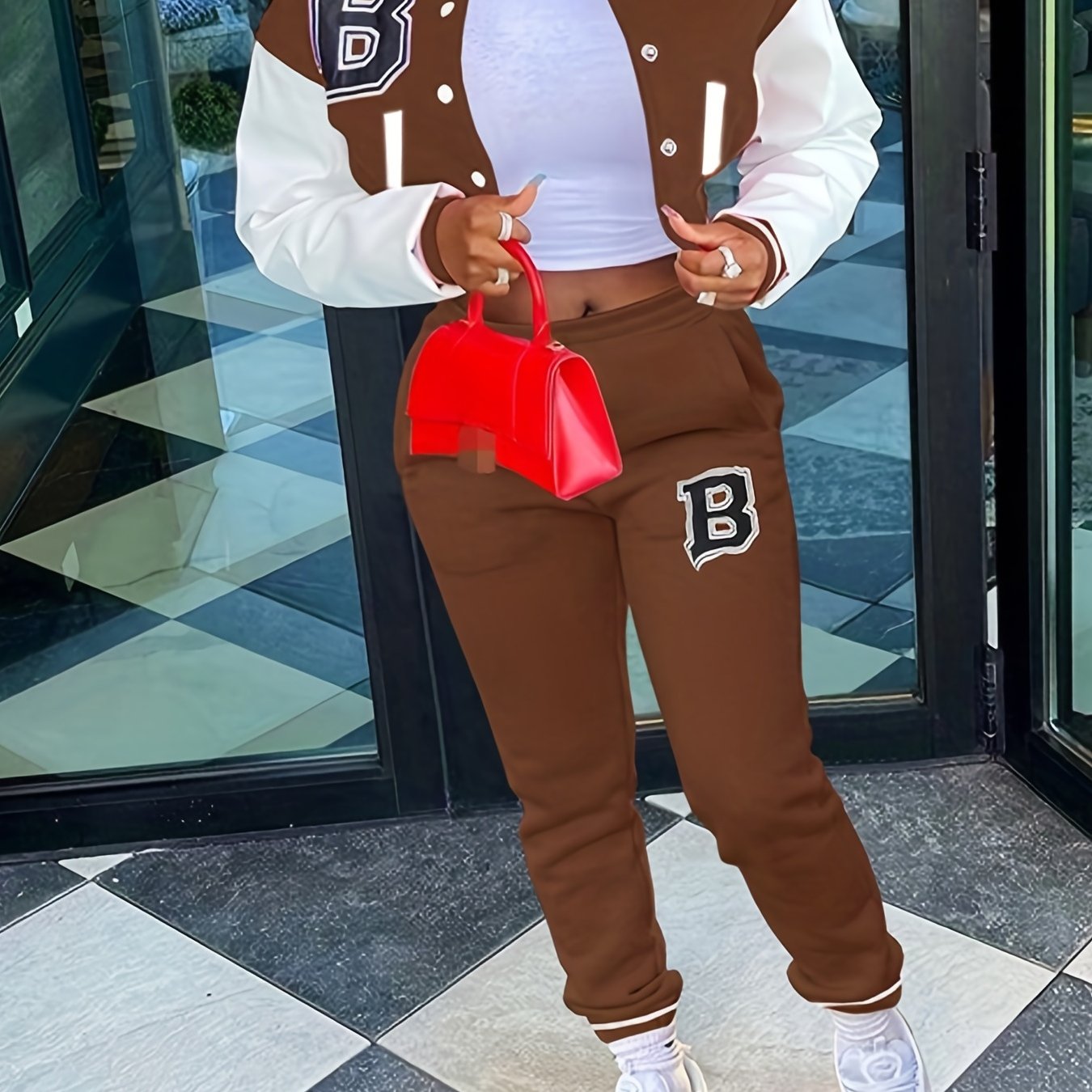 Sporty Chic, Women's Casual Letter Print Baseball Jacket and Pants Set - Red and White, Polyester Blend, Machine Washable, Fall/Winter Fashion Ensemble