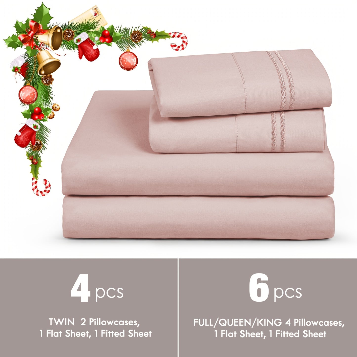 ClevaHome 6pcs Sheet Set Deep Pocket- Ultra Soft Machine Washable Luxury Bed Sheet Set - Shrinkage & Fade Resistant Embroidered Bedding Sheet, Christmas Bedding Supplies Replacement (4PCS for TWIN Size Sheet)