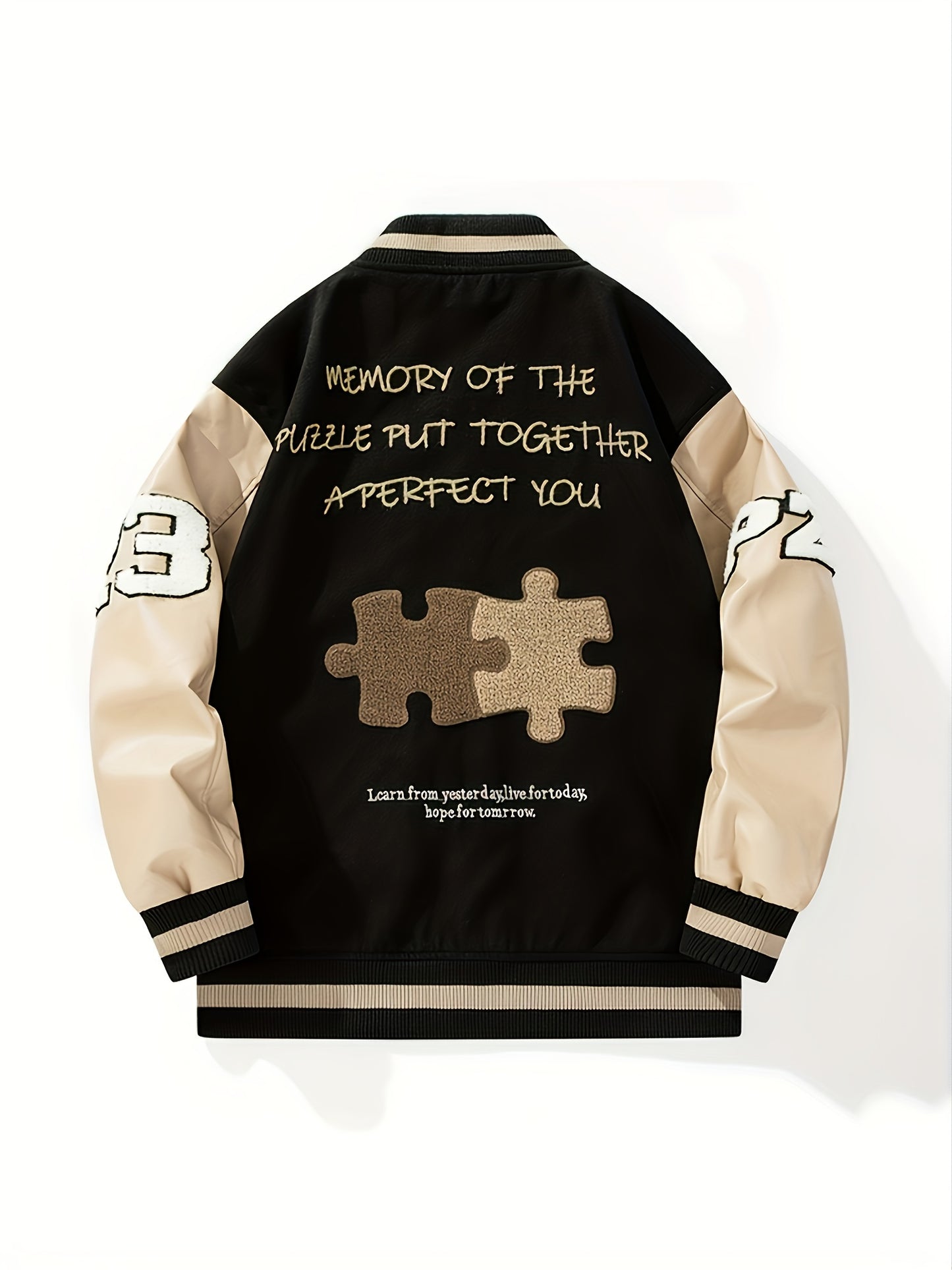 Men's Casual Varsity Jacket with Embroidery and Color Block, Durable Polyester & Easy-Care, Ideal for Spring/Fall Daily Wear