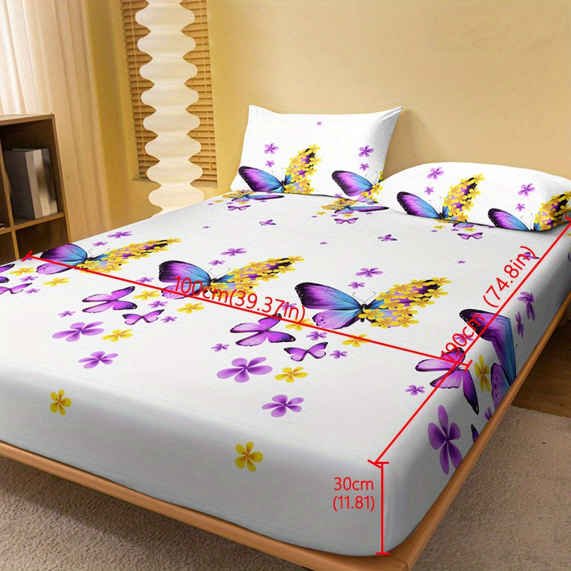 1pc Brushed Fitted Sheet, Soft Comfortable Butterfly Floral Print Bedding Fitted Sheet, For Bedroom, Guest Room, With Deep Pocket, Fitted Bed Sheet Only, Without Pillowcase