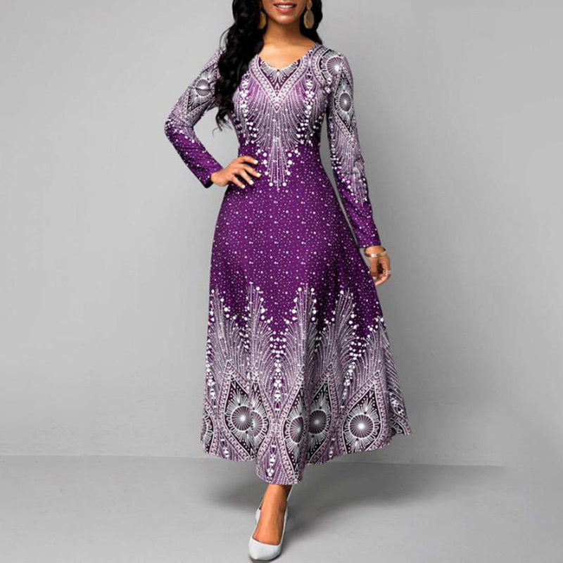 Women's Plus Size Elegant V-Neck Long Sleeve A-Line Dress With Starry Sky Print, Slim-Fit Flowy Maxi Dress For Holiday & Party Wear