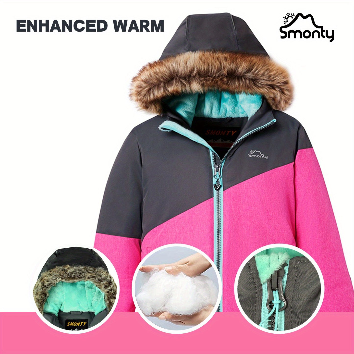 Kids' Waterproof and Warm Snowflake Ski Jacket - Insulated Hooded Winter Coat with Adjustable cuffs, Hem and Waistband - Ideal for Girls' Winter Outdoor Activities
