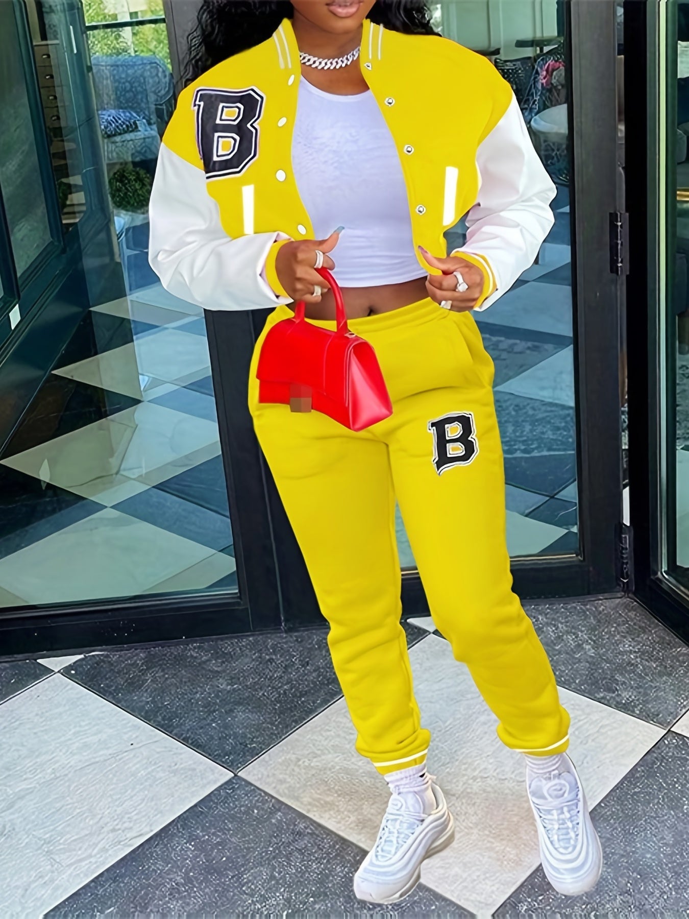 Sporty Chic, Women's Casual Letter Print Baseball Jacket and Pants Set - Red and White, Polyester Blend, Machine Washable, Fall/Winter Fashion Ensemble