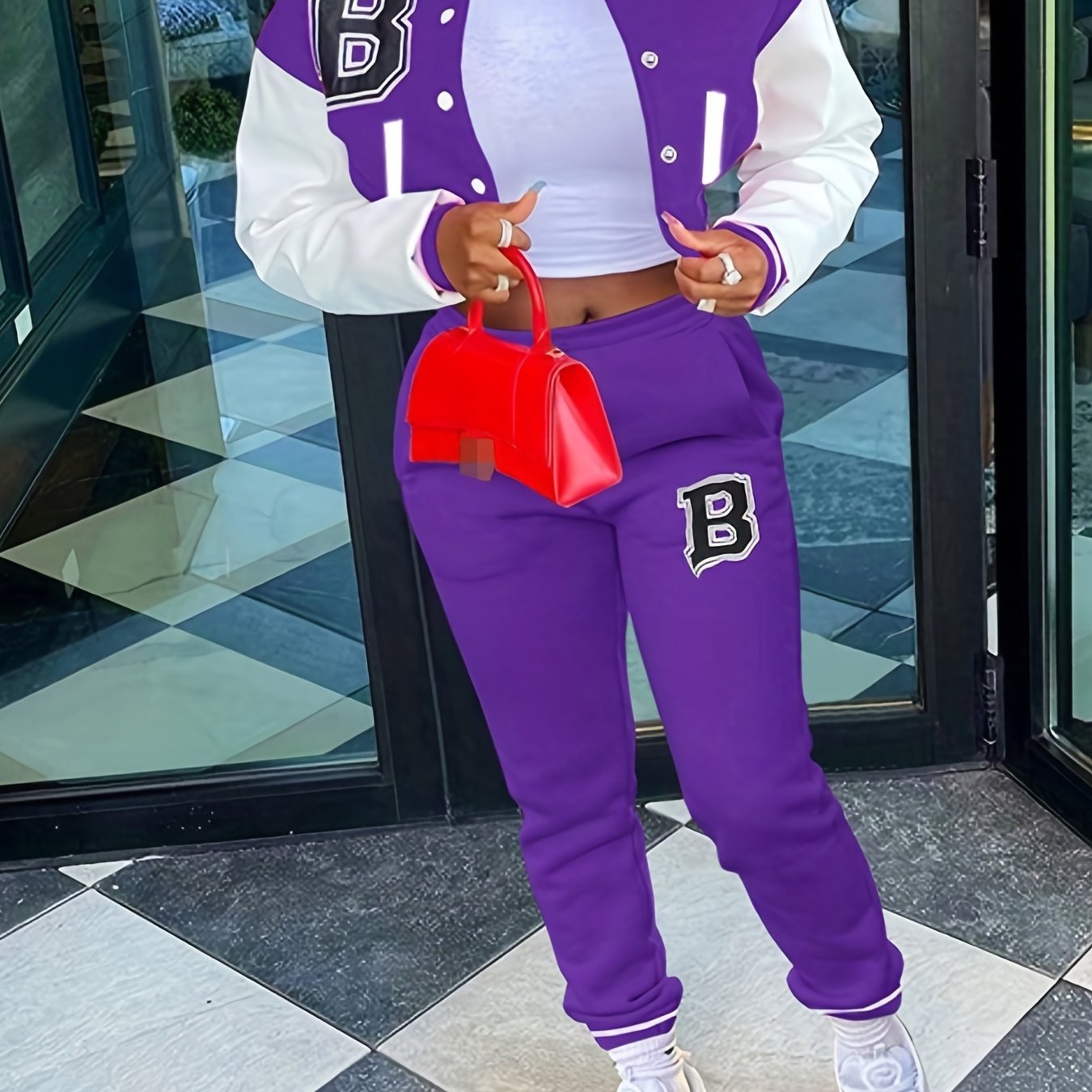 Sporty Chic, Women's Casual Letter Print Baseball Jacket and Pants Set - Red and White, Polyester Blend, Machine Washable, Fall/Winter Fashion Ensemble