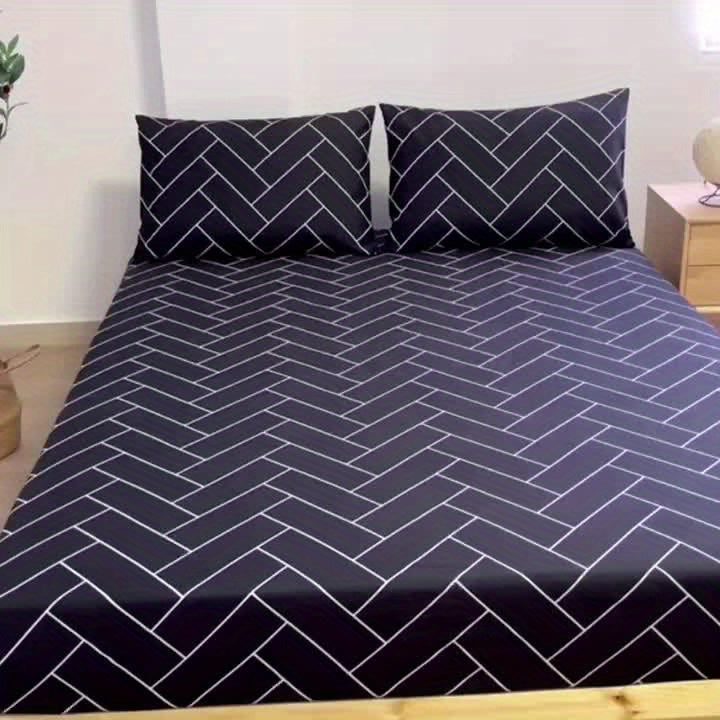 Harrods Experience Luxurious Woven Polyester Bed Sheet Set with Two Pillowcases, Machine Washable, All-Season Durable & Tear-Resistant Flat Net Printed Design - Fitted Sheet with Elastic Corners 11.81-13.39inch Deep