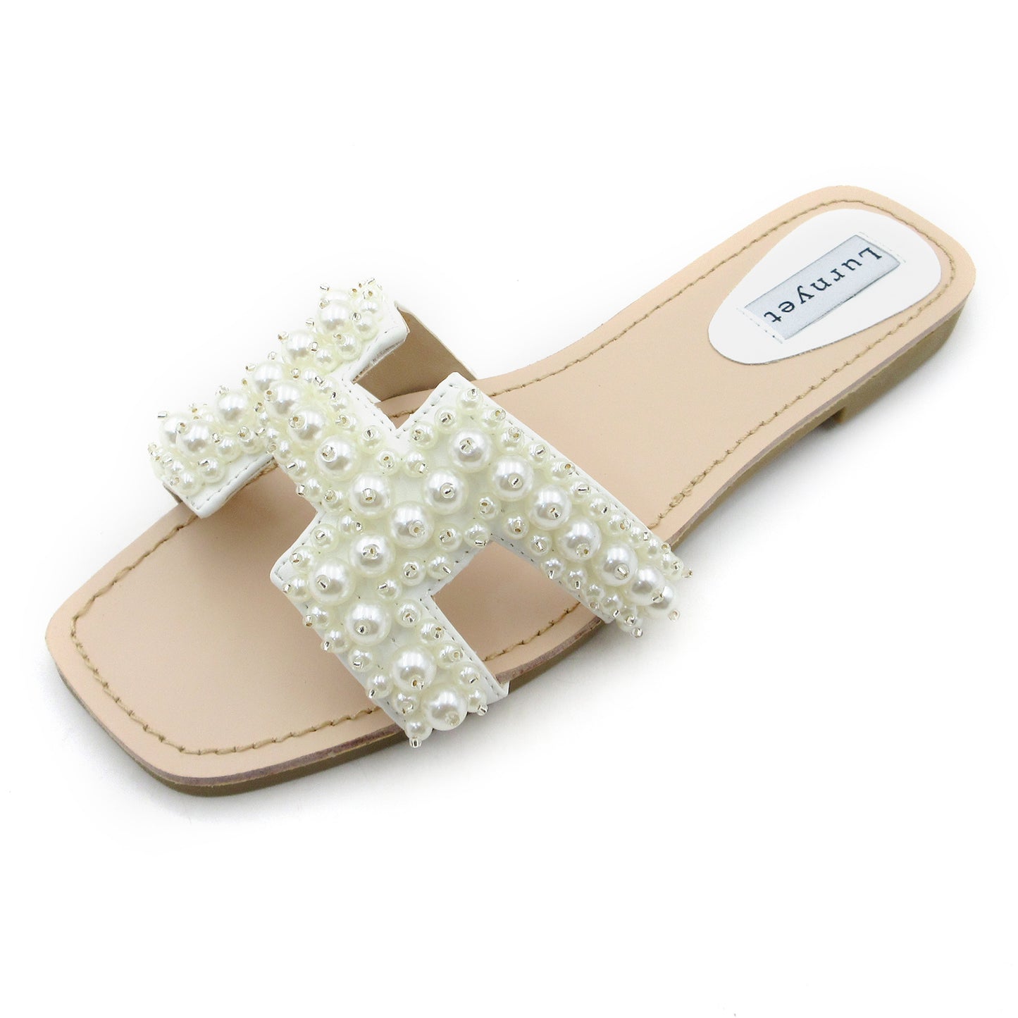 Lurnyet Women's Pearl Embellished Band Flat Sandal for Outdoor Casual