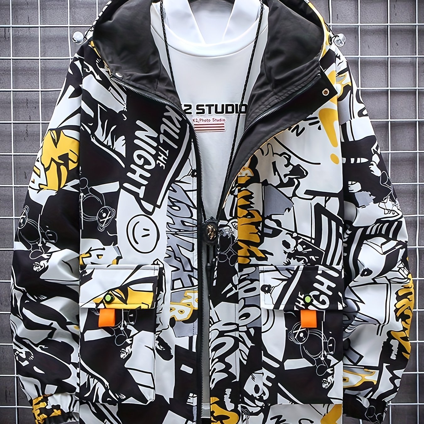 Spring And Autumn Men's Fashion Graffiti Mid Length Windbreaker Popular Hooded And Handsome Men's Jacket Popular Versatile Men's And Women's Same Windbreaker Jacket