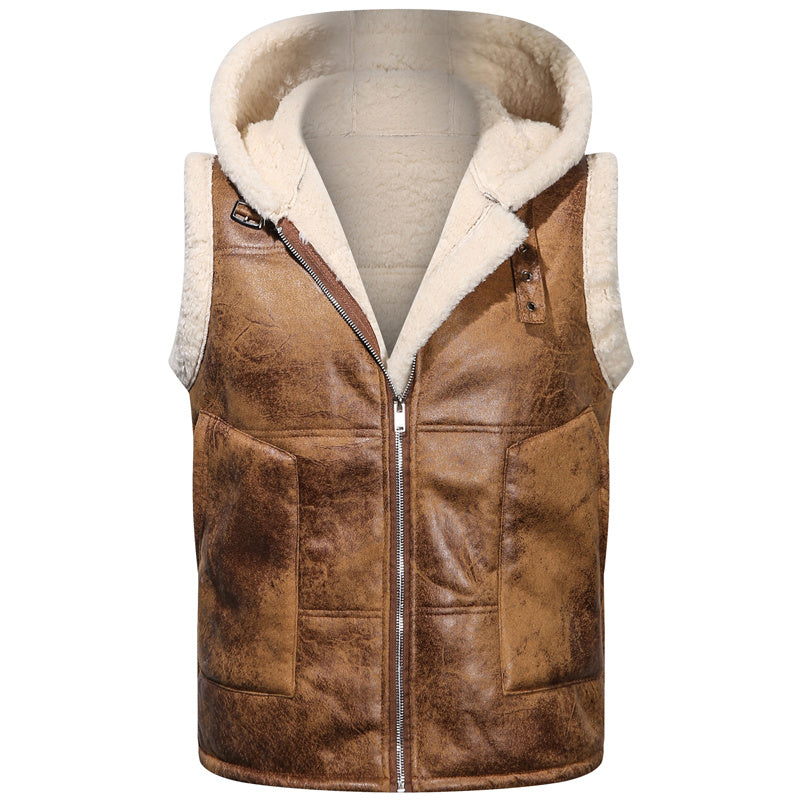 [Warm Hooded Vest] Warm & Windproof Men's Fleece-Lined Hooded Vest - Stylish Sleeveless Jacket with Zipper Pockets, Olive Green, Daily Comfort Vest | Hooded Jacket | Functional Pockets