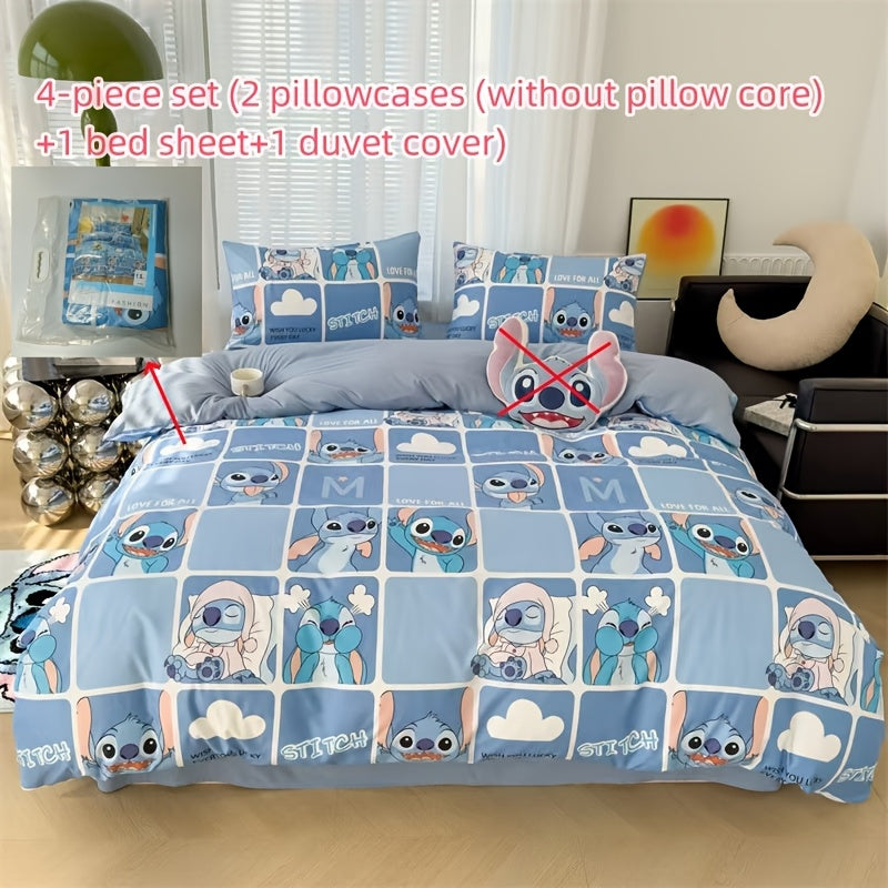 Back to School Stitch-Theme 4pcs Bedding Set (No Pillow Core And Quilt Core)- Available for All Seasons, Kawaii Comfortable Pillowcases, Duvet Cover, Bed Sheet, Dorm & Travel Supplies, Christmas Birthday Halloween New Year Mo