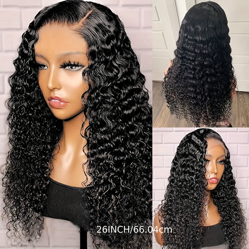 [HD Transparent] Brazilian Deep Wave Lace Front Wig | 4x4 Closure | 100% Human Hair | Pre Plucked | Natural Black Color | 180% Deep Curly