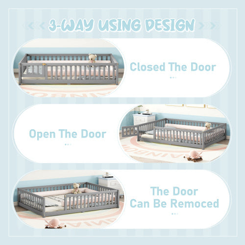 Full Size Bed Floor Bed With Safety Guardrails And Door For Kids, Gray