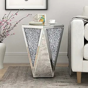 Mirrored End Table Crystal Diamond Setting Coffee Table Silver Glass Side Table Pedestal Stand For Hallway, Living Room,