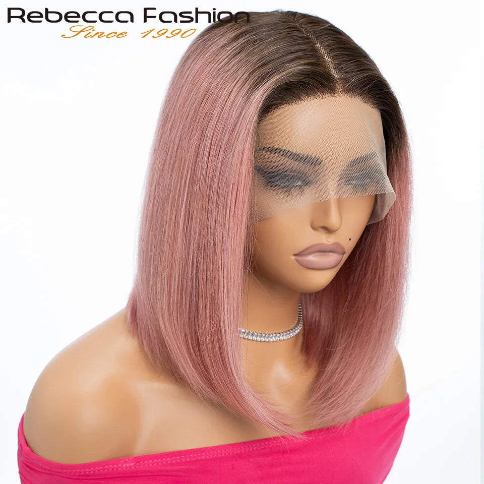 Colored Ombre Pink Bob T Part Lace Wigs Straight Human Hair Lace Front Wigs Pre Plucked Blonde Straight Lace Front Wigs