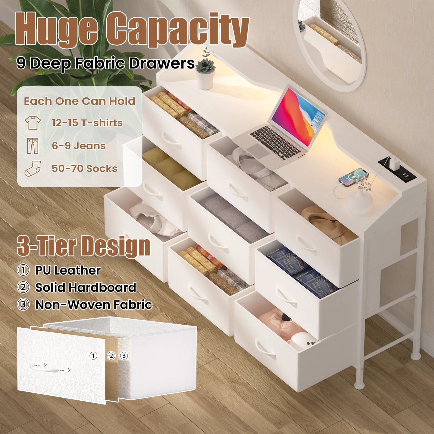 Dresser for Bedroom, 9 Drawers Dresser with LED Lights & Charging Station-White