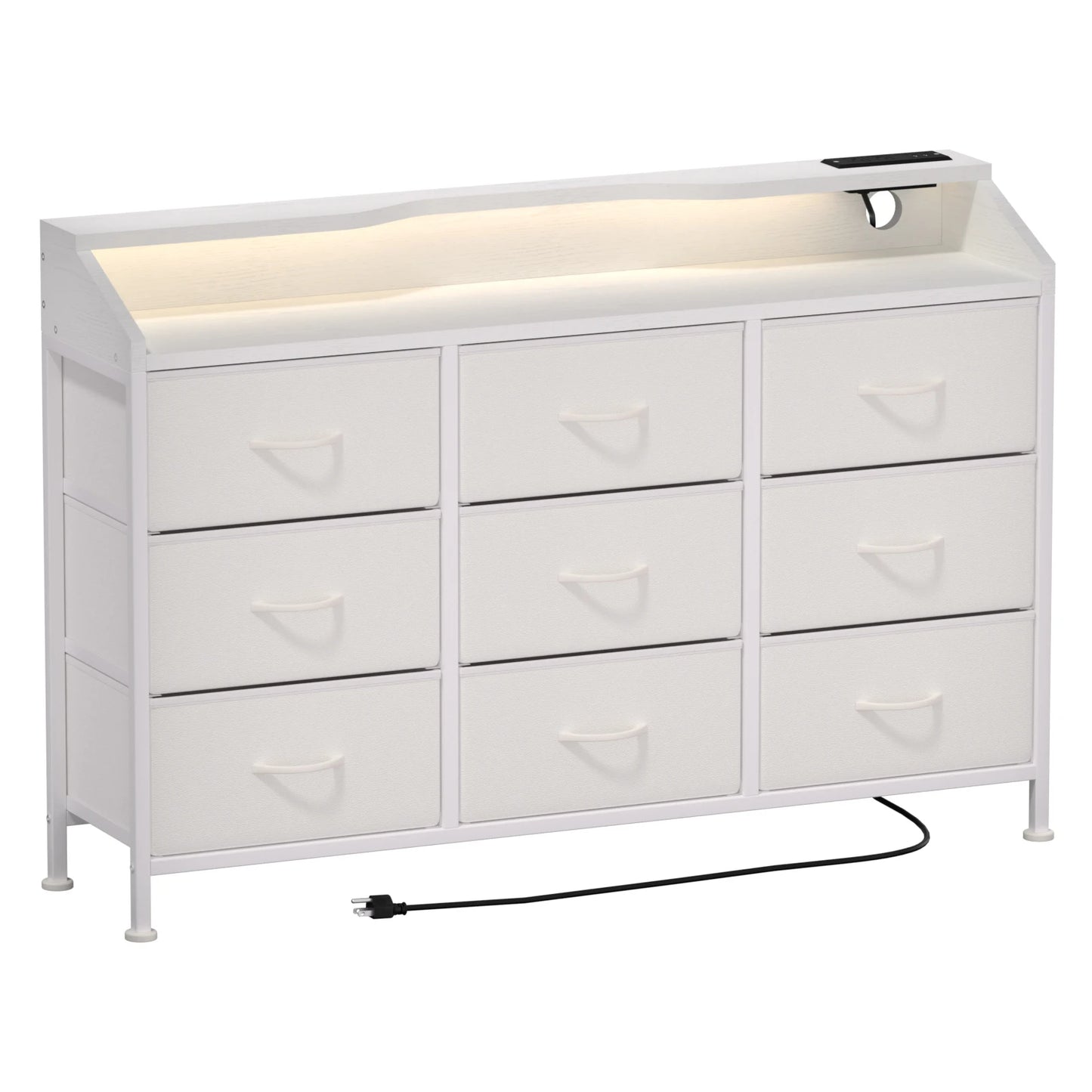 Dresser for Bedroom, 9 Drawers Dresser with LED Lights & Charging Station-White