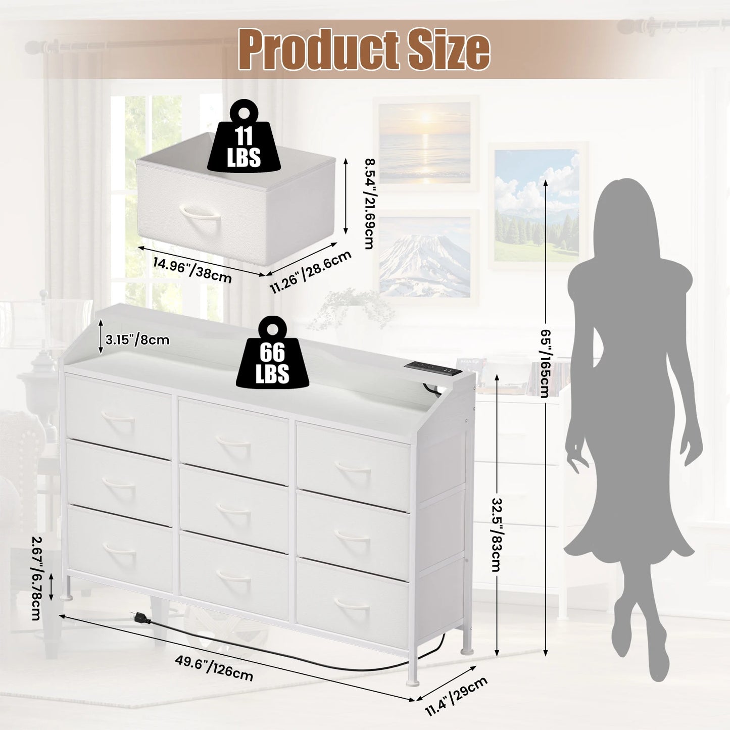 Dresser for Bedroom, 9 Drawers Dresser with LED Lights & Charging Station-White